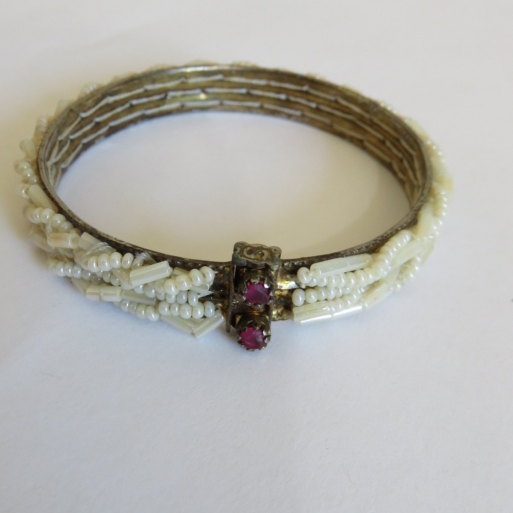 Antique Sloan & Co. Seed Pearl Mother of Pearl Ruby Glass Hinged Bangle Bracelet